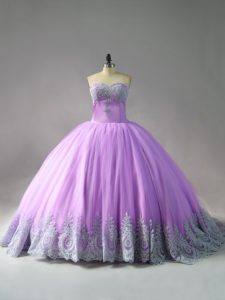 Lilac Tulle Lace Up Sweetheart Sleeveless Sweet 16 Dresses Court Train Appliques