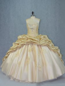 Customized Sleeveless Brush Train Lace Up Beading and Appliques Quince Ball Gowns