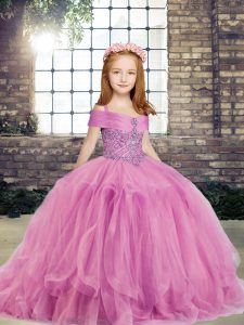 Top Selling Lilac Lace Up Straps Beading Little Girls Pageant Gowns Tulle Sleeveless