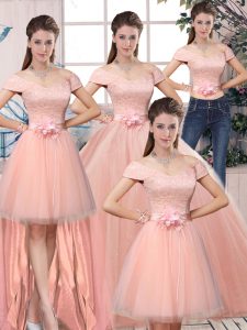 Tulle Short Sleeves Floor Length Vestidos de Quinceanera and Lace and Hand Made Flower