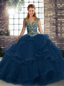 Affordable Blue Ball Gowns Beading and Ruffles Vestidos de Quinceanera Lace Up Tulle Sleeveless Floor Length