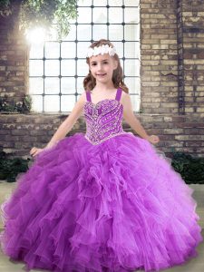 Purple Lace Up Straps Beading and Ruching Little Girls Pageant Dress Tulle Sleeveless