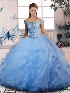 Stunning Blue Tulle Lace Up Off The Shoulder Sleeveless Floor Length Sweet 16 Dress Beading and Ruffles