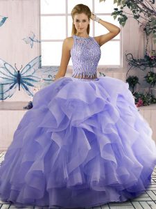 Lavender Zipper Quinceanera Gowns Beading and Ruffles Sleeveless
