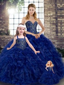Royal Blue Organza Lace Up Sweetheart Sleeveless Floor Length Sweet 16 Dress Beading and Ruffles