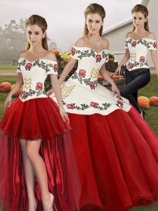 White And Red Organza Lace Up 15th Birthday Dress Sleeveless Floor Length Embroidery