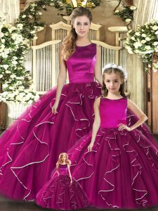 Simple Fuchsia Ball Gowns Tulle Scoop Sleeveless Ruffles Floor Length Lace Up Quinceanera Gowns