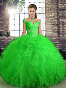 Sleeveless Tulle Floor Length Lace Up Sweet 16 Dress in Green with Beading and Ruffles