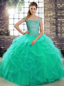 Modest Sleeveless Beading and Ruffles Lace Up Sweet 16 Dress with Turquoise Brush Train