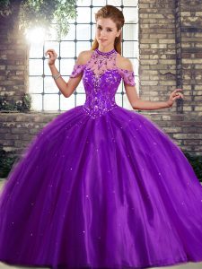 Best Selling Purple Ball Gowns Tulle Halter Top Sleeveless Beading Lace Up Sweet 16 Dresses Brush Train