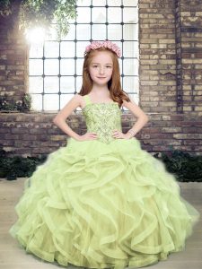 Stunning Yellow Green Tulle Lace Up Kids Pageant Dress Sleeveless Floor Length Beading and Ruffles
