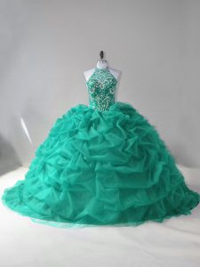 Turquoise Quinceanera Dresses Tulle Court Train Sleeveless Beading and Pick Ups