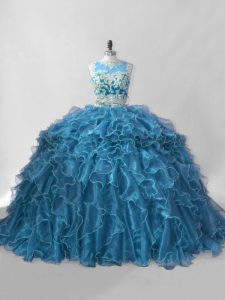 Sleeveless Brush Train Zipper Beading and Ruffles 15th Birthday Dress