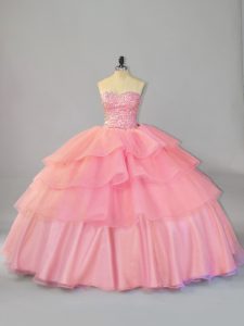Chic Watermelon Red Sleeveless Organza Brush Train Lace Up Sweet 16 Dress for Sweet 16 and Quinceanera