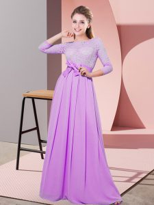 Lilac Empire Lace and Belt Dama Dress for Quinceanera Side Zipper Chiffon 3 4 Length Sleeve Floor Length