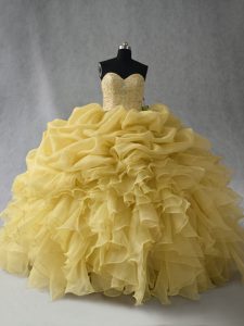 Glittering Yellow Ball Gowns Sweetheart Sleeveless Organza Floor Length Lace Up Beading and Ruffles Quinceanera Gowns