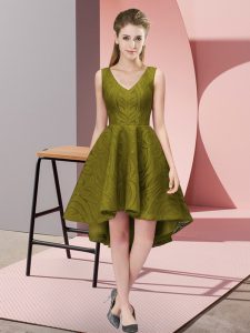 High Class Olive Green V-neck Zipper Lace Dama Dress for Quinceanera Sleeveless