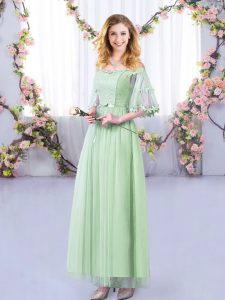 Fantastic Apple Green Half Sleeves Floor Length Lace and Belt Side Zipper Dama Dress