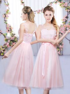 Sleeveless Tulle Tea Length Lace Up Dama Dress for Quinceanera in Baby Pink with Lace and Belt