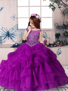 Purple Sleeveless Floor Length Beading and Pick Ups Zipper Girls Pageant Dresses