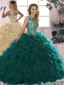 Luxurious Peacock Green Ball Gowns Beading and Ruffles Quinceanera Dress Lace Up Organza Sleeveless Floor Length
