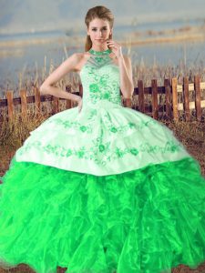New Style Green Lace Up Halter Top Embroidery and Ruffles 15 Quinceanera Dress Organza Sleeveless Court Train