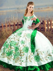 Hot Sale Off The Shoulder Sleeveless Satin and Organza Sweet 16 Dresses Embroidery Lace Up