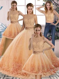 Admirable Gold and Peach Quinceanera Dresses Military Ball and Sweet 16 and Quinceanera with Lace Scalloped Sleeveless Sweep Train Backless