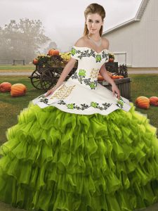 Dramatic Olive Green Lace Up Off The Shoulder Embroidery and Ruffled Layers Sweet 16 Dress Organza Sleeveless