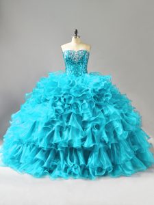 Noble Organza Sleeveless Floor Length Quinceanera Dresses and Ruffles and Sequins