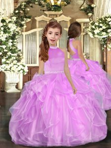 Dramatic Lilac Halter Top Backless Beading and Ruffles Kids Formal Wear Sleeveless