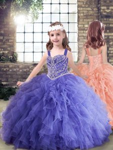 Fancy Lavender Tulle Lace Up Straps Sleeveless Floor Length Kids Formal Wear Beading and Ruffles