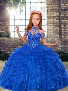 Ball Gowns Kids Pageant Dress Blue High-neck Tulle Sleeveless Floor Length Lace Up