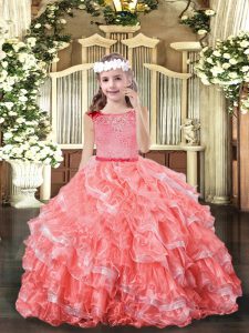 Exquisite Watermelon Red Zipper Little Girls Pageant Dress Wholesale Lace and Ruffled Layers Sleeveless Floor Length