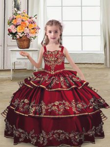 Fantastic Ball Gowns Pageant Gowns For Girls Burgundy Straps Satin Sleeveless Floor Length Lace Up