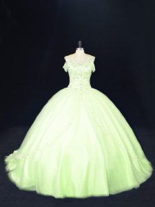 Court Train Ball Gowns Sweet 16 Dresses Yellow Green Off The Shoulder Tulle Sleeveless Lace Up