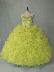 Yellow Green Lace Up Sweetheart Beading and Ruffles 15th Birthday Dress Organza Sleeveless Brush Train