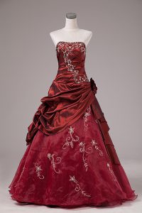 Burgundy Lace Up Strapless Beading and Embroidery Quinceanera Gowns Organza and Taffeta Sleeveless