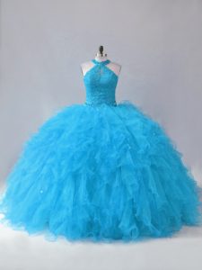 Floor Length Lace Up 15 Quinceanera Dress Blue for Sweet 16 and Quinceanera with Beading and Ruffles