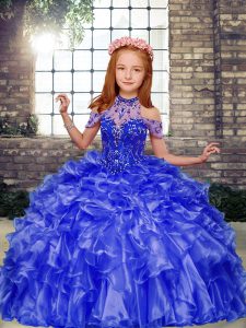 Blue Halter Top Lace Up Beading and Ruffles Pageant Gowns For Girls Sleeveless