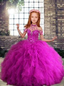 Superior Fuchsia Tulle Lace Up Little Girls Pageant Dress Wholesale Sleeveless Floor Length Beading and Ruffles
