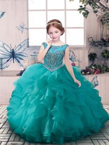 Simple Sleeveless Organza Floor Length Zipper Kids Pageant Dress in Teal with Beading and Ruffles