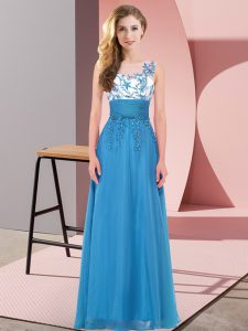 Empire Quinceanera Court of Honor Dress Blue Scoop Chiffon Sleeveless Floor Length Backless