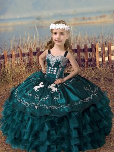 Green Organza Lace Up Straps Sleeveless Floor Length Little Girls Pageant Dress Wholesale Embroidery and Ruffled Layers