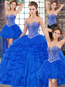 Royal Blue Sleeveless Floor Length Beading and Ruffles Lace Up Ball Gown Prom Dress