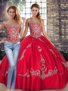 Red Two Pieces Tulle Off The Shoulder Sleeveless Beading and Embroidery Floor Length Lace Up Sweet 16 Quinceanera Dress