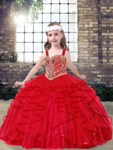 Latest Red Ball Gowns Beading and Ruffles Kids Formal Wear Lace Up Tulle Sleeveless Floor Length