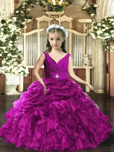 Purple Little Girls Pageant Gowns Party and Sweet 16 and Wedding Party with Beading and Ruffles and Ruching V-neck Sleeveless Backless