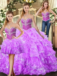 Trendy Lilac Sweetheart Neckline Beading and Ruffles Quinceanera Dress Sleeveless Lace Up