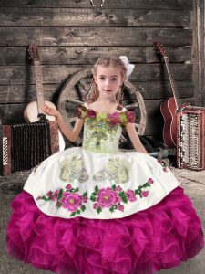 Best Organza Off The Shoulder Sleeveless Lace Up Beading and Embroidery and Ruffles Little Girl Pageant Dress in Fuchsia